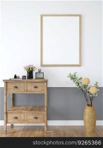 The living room is decorated with a storage table. Flower vase and picture frame