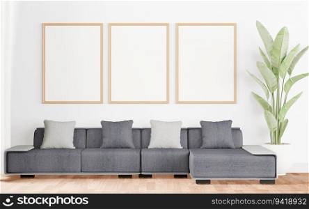 The living room is decorated with chairs, sofaand picture frames, 3D style