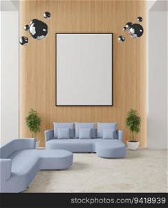The living room is decorated with chairs, sofaand picture frames, 3D style