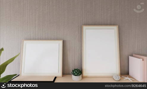 The living room is decorated with furniture, small plant pots and picture frames.