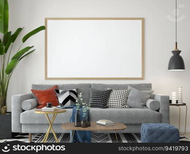 The living room is decorated with sofa and picture frames, 3D style