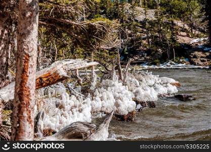 The Loch Lake at autumn. Icicles on trees and grass created by wind and water. Rocky Mountain National Park in Colorado, USA.
