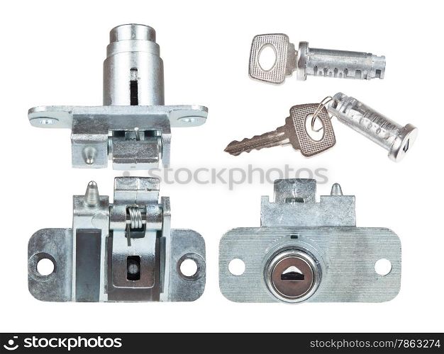 the lock of the car&rsquo;s with a key trunk is isolated on the white background. View from different angles