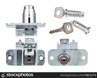 the lock of the car&rsquo;s with a key trunk is isolated on the white background. View from different angles