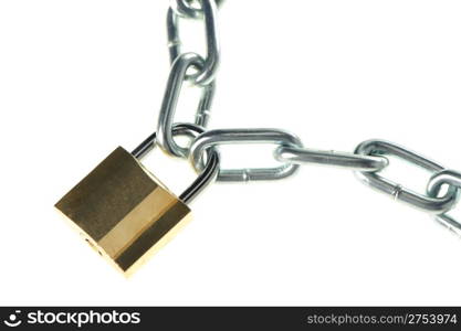 The lock with chain. The lock of gold color closing chain