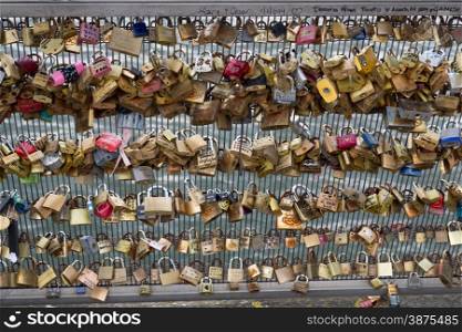The locks at the fence of Pont des Arts in Paris