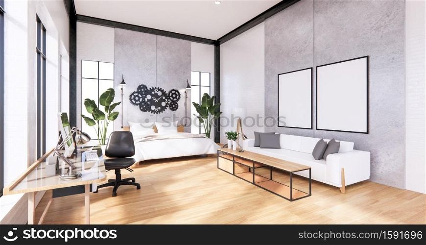 The Loft style Bedroom interior ,Computer, office tool on desk, sofa. 3D rendering