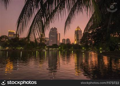 The Lumphini Park with the Skyline in the city of Bangkok in Thailand in Southest Asia. Thailand, Bangkok, November, 2019. THAILAND BANGKOK LUMPHINI PARK SKYLINE