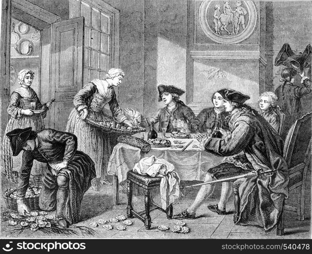 The lunch of oysters, or Lemons Javotte by Jeaurat, vintage engraved illustration. Magasin Pittoresque 1857.
