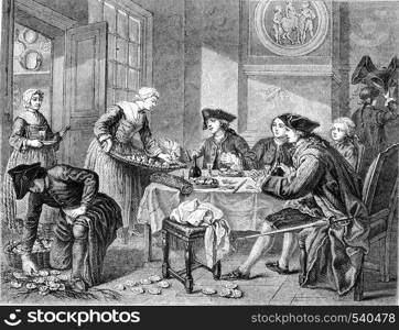 The lunch of oysters, or Lemons Javotte by Jeaurat, vintage engraved illustration. Magasin Pittoresque 1857.