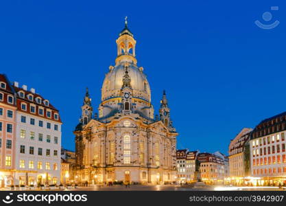 The Lutheran Church of the Frauenkirche in Dresden at night. Saxony, Germany. The Lutheran Church of the Frauenkirche in Dresden at night. Saxony, Germany.