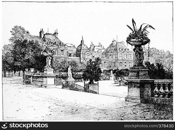 The Luxembourg Palace from the terrace, vintage engraved illustration. Paris - Auguste VITU ? 1890.