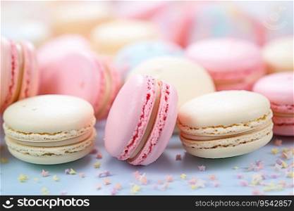 The macarons are a beautiful pastel color and the sprinkles add a touch of sweetness. This photo would be perfect for use in a food blog post or on a website about desserts. Generative AI