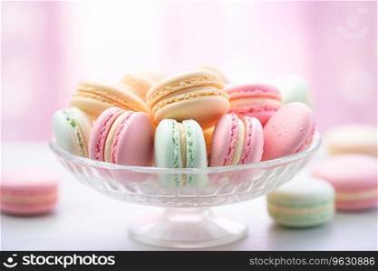 The macarons are a beautiful pastel color and the sprinkles add a touch of sweetness. This photo would be perfect for use in a food blog post or on a website about desserts. Generative AI