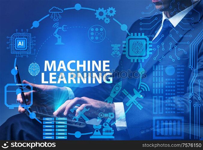 The machine learning concept with man. Machine learning concept with man