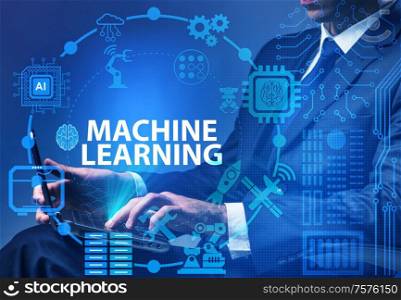 The machine learning concept with man. Machine learning concept with man