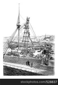 The machine mater in the port of Brest, vintage engraved illustration. Magasin Pittoresque 1847.