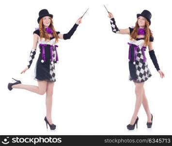 The magician woman with wand on white. Magician woman with wand on white