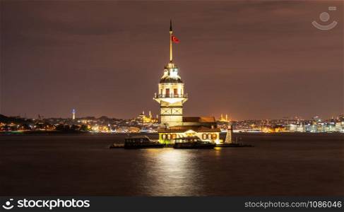 The Maiden&rsquo;s Tower and night lights of Istanbul, Turkey.. The Maiden&rsquo;s Tower and night lights of Istanbul, Turkey
