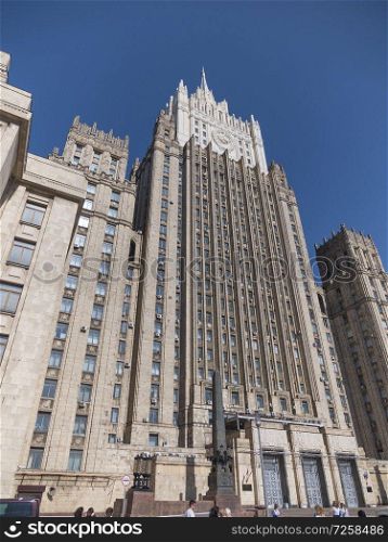 The main building of Ministry of Foreign Affairs is one of the famous seven skyscrapers, built in Stalinist style in Moscow Russia.. The main building of Ministry of Foreign Affairs is one of the famous seven skyscrapers, built in Stalinist style in Moscow Russia