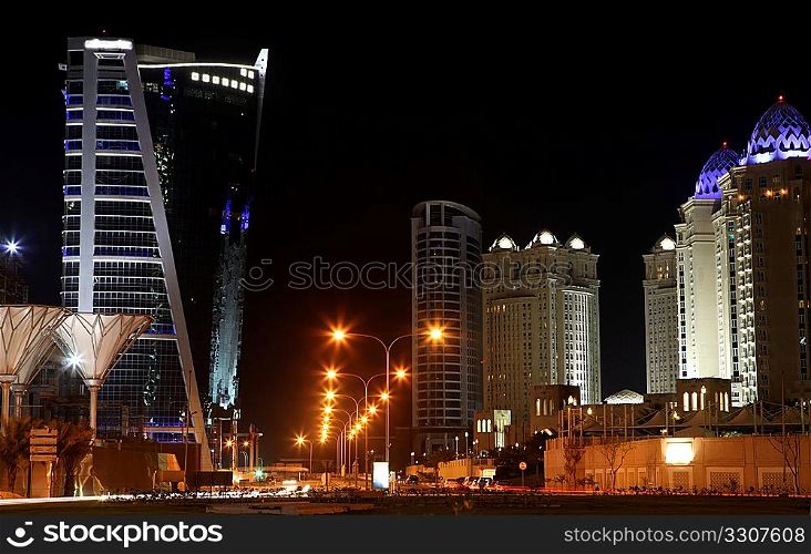 The main five-star hotels area of Doha, in West Bay, pictured at night.