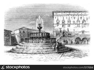 The main square of Perugia, a city of the ecclesiastical state, vintage engraved illustration. Magasin Pittoresque 1845.