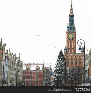 The Main Town Hall (Polish: Ratusz Glownego Miasta) in the city of Gdansk, Poland, built in Gothic and Renaissance architectural styles. Winter scenery