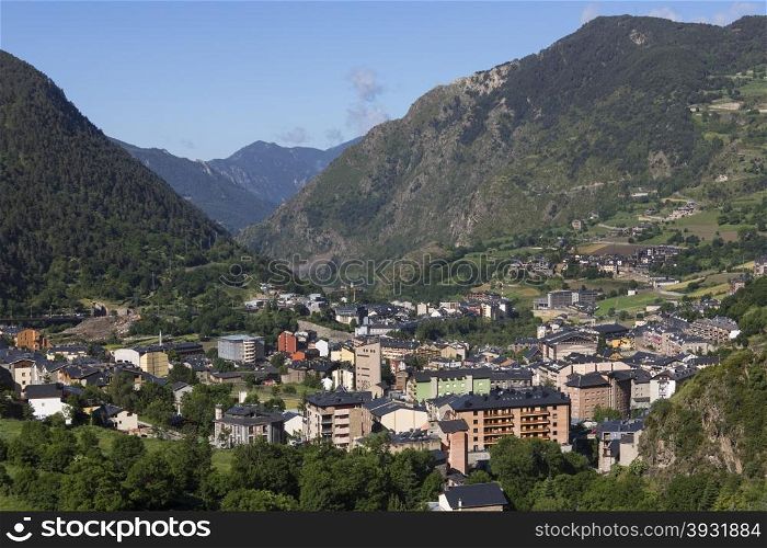 The main town of Andorra La Vella in the small autonomous principality of Andorra in the southern Pyrenees, between France and Spain. Andorra is a prosperous country mainly because of its tourism industry, with an estimated 10.2 million visitors per year and also because of its status as a tax haven.