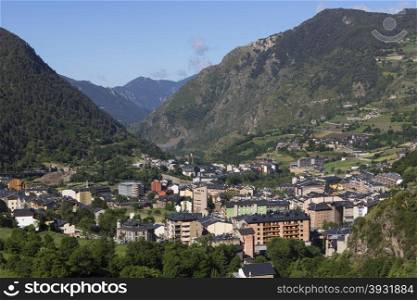 The main town of Andorra La Vella in the small autonomous principality of Andorra in the southern Pyrenees, between France and Spain. Andorra is a prosperous country mainly because of its tourism industry, with an estimated 10.2 million visitors per year and also because of its status as a tax haven.