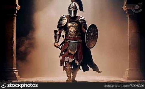 The Majestic Antique Gladiator  Standing Strong in the Ancient Roman Coliseum with Sword and Shield in Hand, Generative AI illustration. . The Majestic Antique Gladiator  Standing Strong in the Ancient Roman Coliseum with Sword and Shield in Hand, Generative AI. 