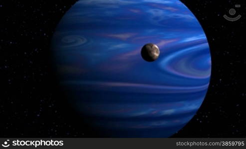 The major blue planet slowly rotates against the star sky. Before it the brown moon.