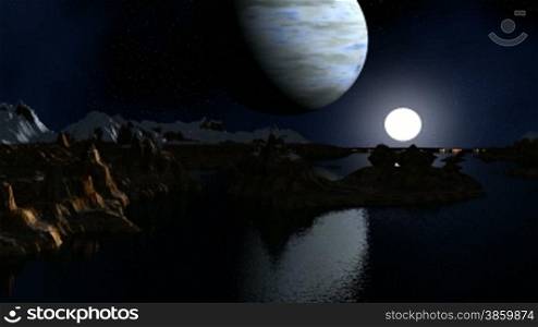 The major blue planet (the gas giant) and the bright moon fly against a fantastic landscape. In the night sky bright stars. Mountain tops are covered with snow. Mountains stand among water. In it planets and stars are reflected.
