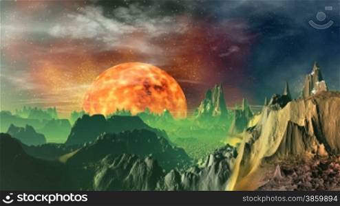 The major heated (fiery) planet (sun) ascends over the horizon. In the sky stars and nebulas, float small clouds. The mountain landscape is covered with a green being shone fog.