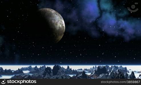 The major planet slowly flies against a fantastic landscape. In the dark sky bright stars and a color nebula. Mountains are covered with snow and shrouded in a white fog.