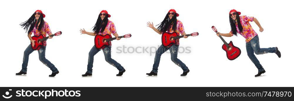 The male musician with guitar isolated on white. Male musician with guitar isolated on white