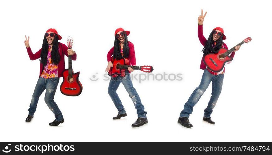 The male musician with guitar isolated on white. Male musician with guitar isolated on white