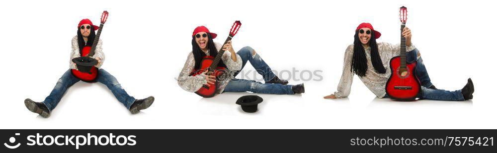 The male musician with guitar isolated on white. Male musician with guitar isolated on white