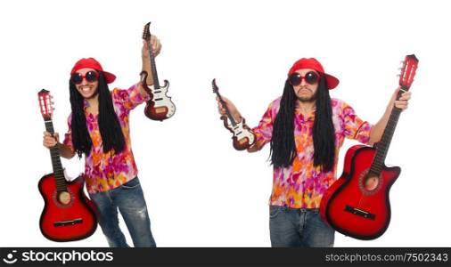 The male musician with guitars isolated on white. Male musician with guitars isolated on white