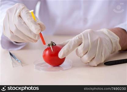 The male nutrition expert testing food products in lab. Male nutrition expert testing food products in lab