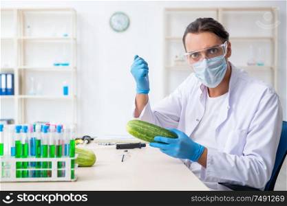 The male nutrition expert testing vegetables in lab. Male nutrition expert testing vegetables in lab