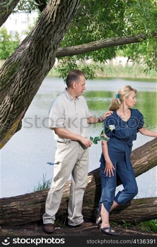 The man and the woman near the lake. Quarrel. Reconciliation attempt.