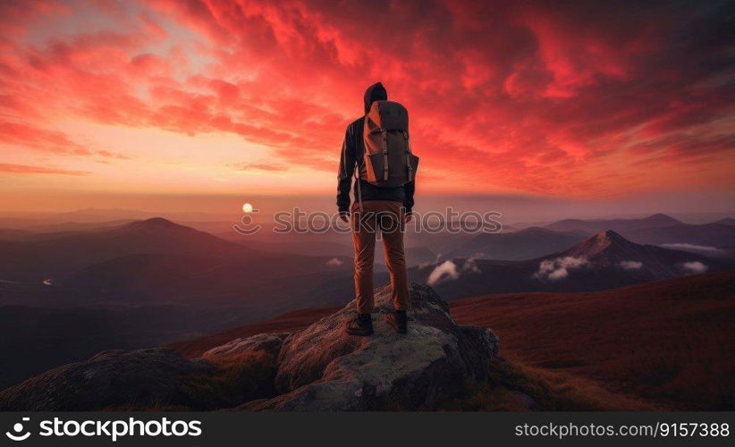 The man atop the red mountain gazed at the setting sun and orange clouds with a backpack. Serenity abounds by generative AI