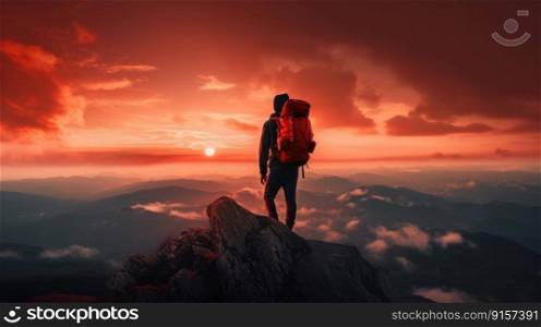 The man atop the red mountain gazed at the setting sun and orange clouds with a backpack. Serenity abounds by generative AI
