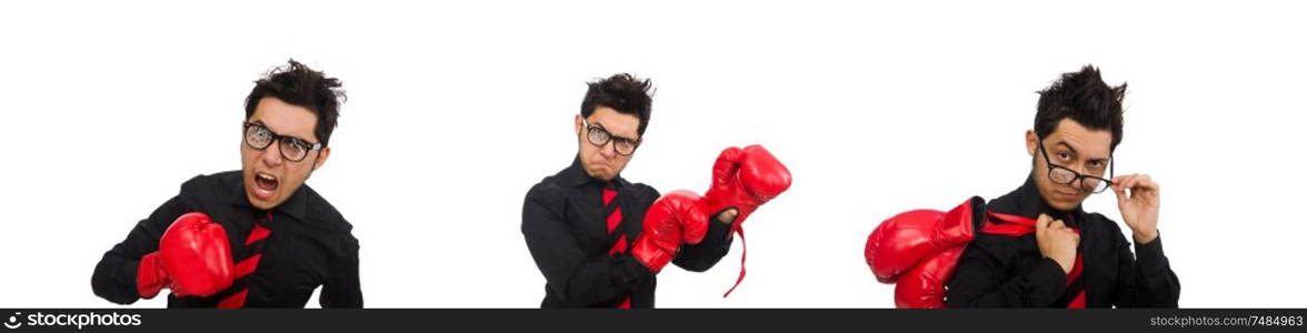 The man businessman with red boxing gloves. Man businessman with red boxing gloves