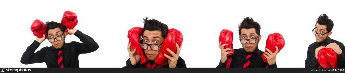 The man businessman with red boxing gloves. Man businessman with red boxing gloves