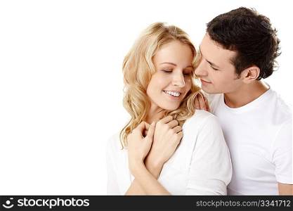 The man embraces the girl on a white background