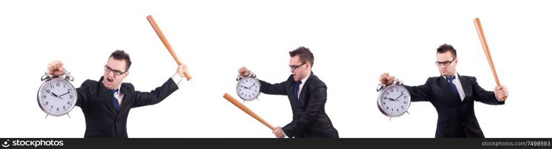 The man hitting the clock with baseball bat isolated on the white. Man hitting the clock with baseball bat isolated on the white