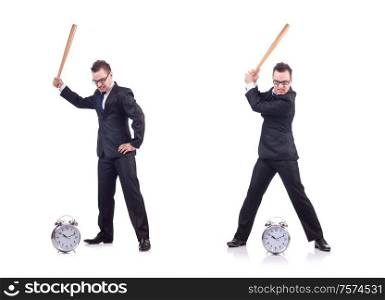 The man hitting the clock with baseball bat isolated on the white. Man hitting the clock with baseball bat isolated on the white