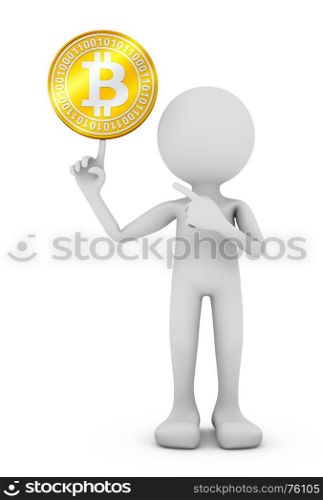 The man holds a bitcoin coin on his finger. 3d rendering.