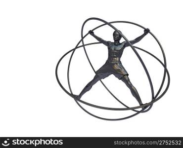 The man in a simulator - a gyroscope. The adaptation for training astronauts. A statue from iron